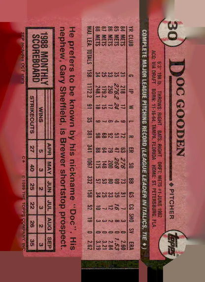 1989 Topps Doc Gooden baseball card with pitching stats and bio info