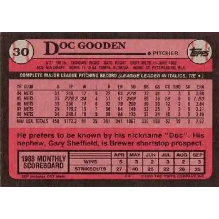 1989 Topps #30 Doc Gooden NM-MT New York Mets Baseball Card - Baseball Card Single