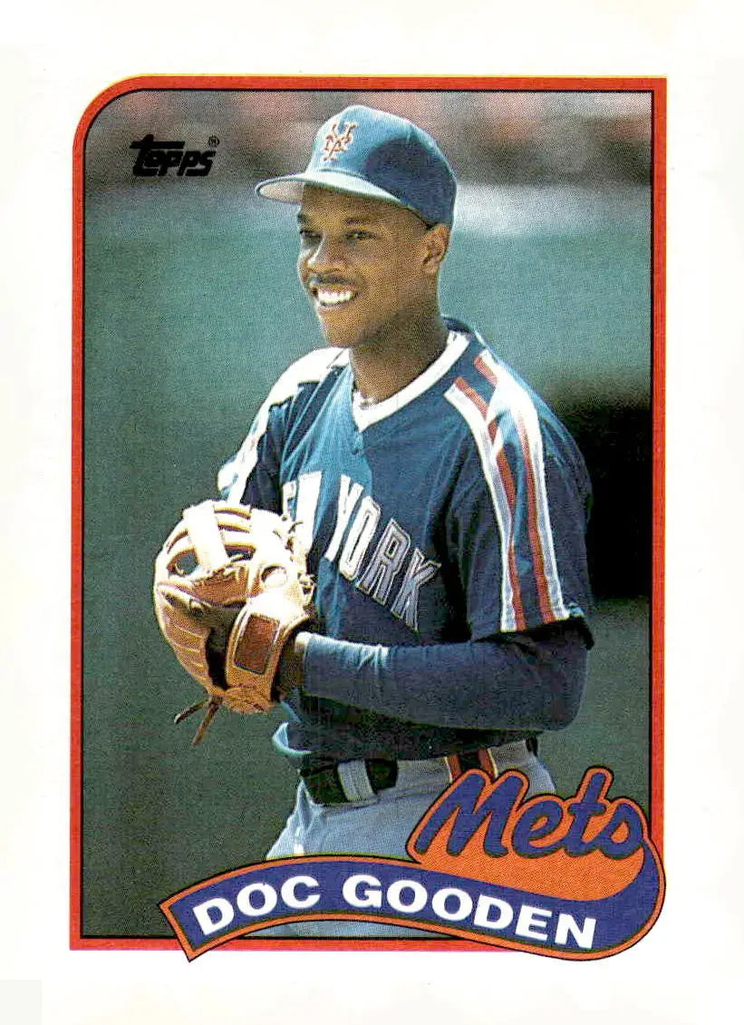 Vintage 1989 Topps Doc Gooden baseball card in Mets uniform featuring Doc Gooden