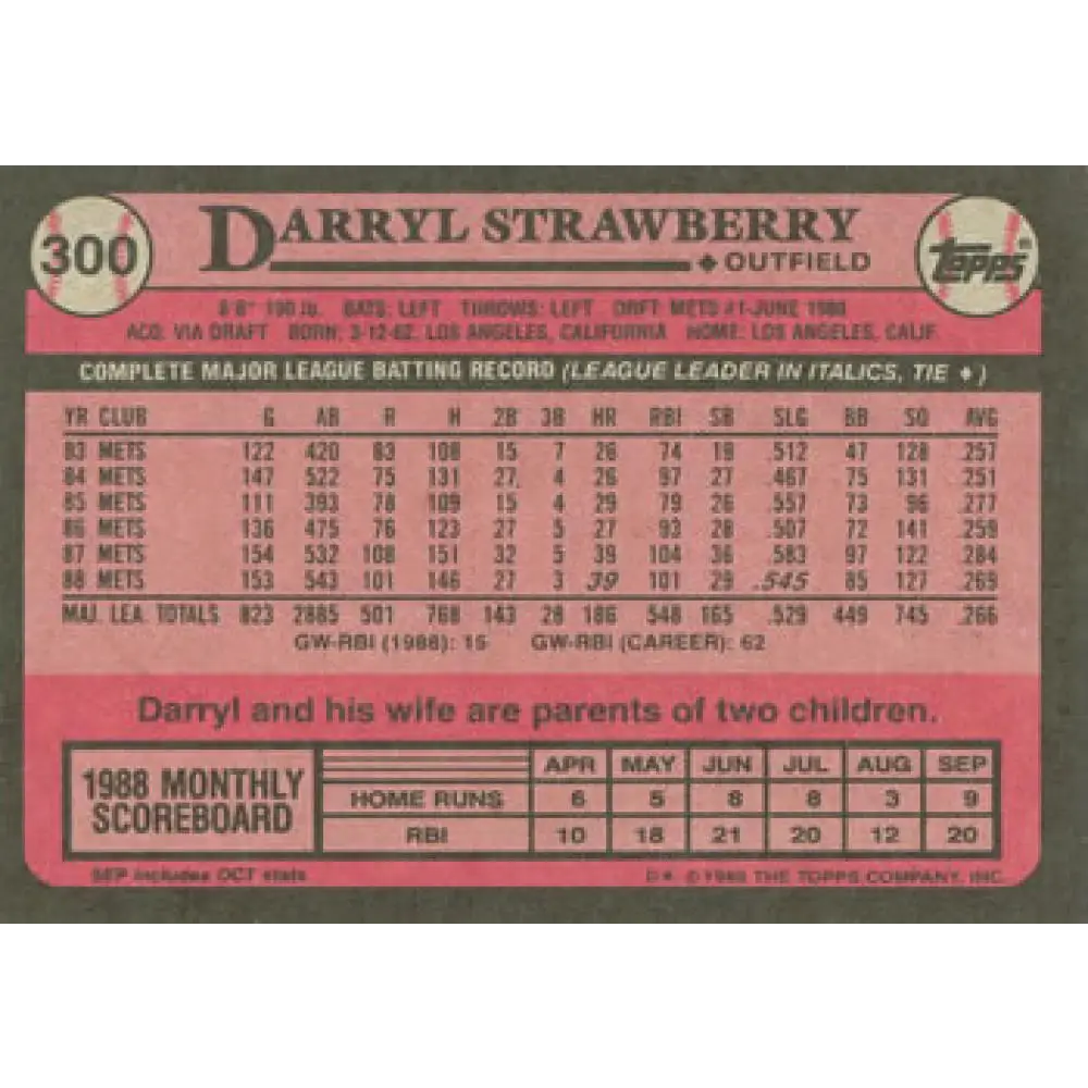 1989 Topps #300 Darryl Strawberry NM-MT New York Mets Baseball Card Image 2