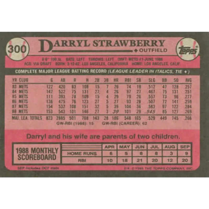 1989 Topps #300 Darryl Strawberry NM-MT New York Mets Baseball Card - Baseball Card Single