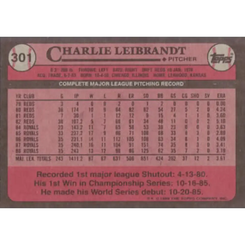 1989 Topps #301 Charlie Leibrandt NM-MT Kansas City Royals Baseball Card - Baseball Card Single