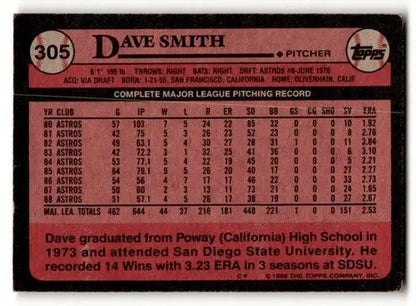 1989 Topps #305 Dave Smith Houston Astros Baseball Cards EX/NM ID:61590
