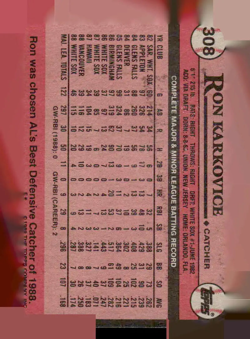 1989 Topps #308 Ron Karkovice