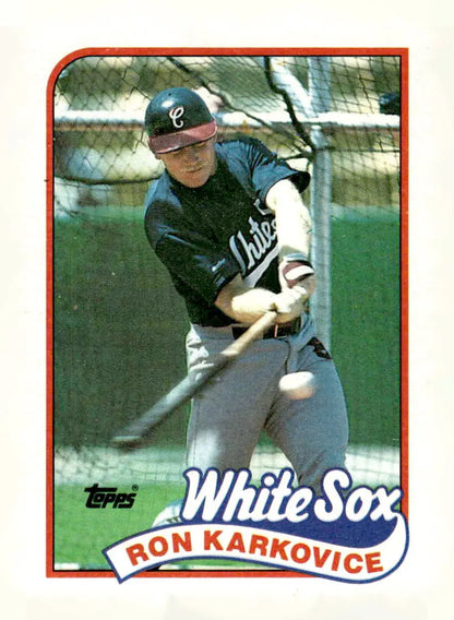 Ron Karkovice baseball card featuring him mid-swing from 1989 Topps #308 Chicago White Sox