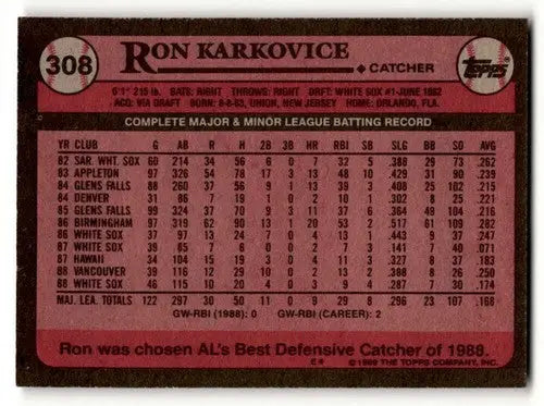 1989 Topps #308 Ron Karkovice Chicago White Sox Baseball Cards EX/NM ID:61593 - Baseball Card Single