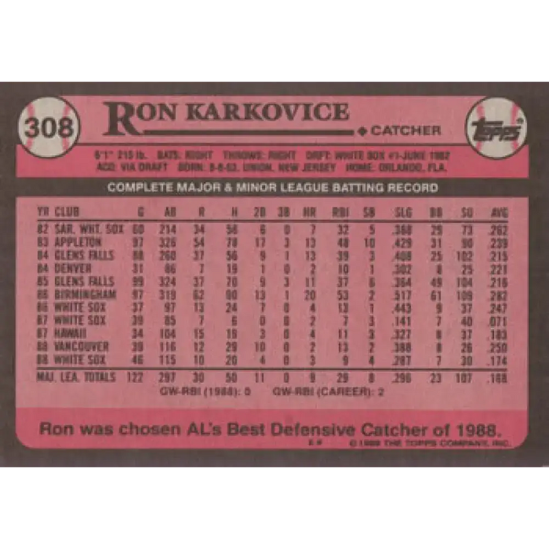 1989 Topps #308 Ron Karkovice NM-MT Chicago White Sox Baseball Card - Baseball Card Single