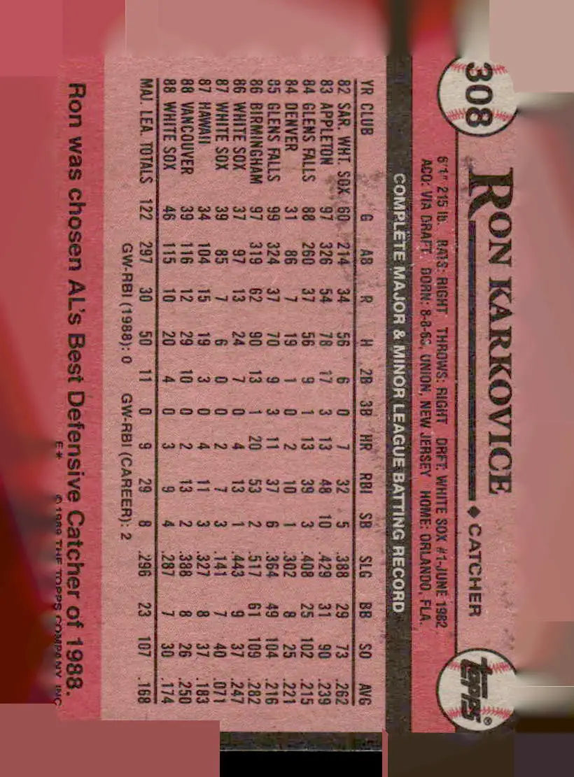 Vintage 1989 Topps Ron Karkovice baseball card featuring Chicago White Sox player