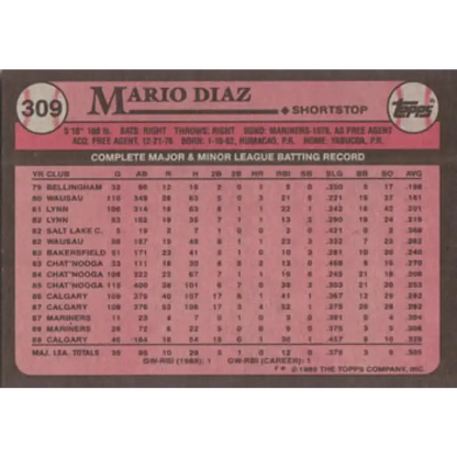 1989 Topps #309 Mario Diaz NM-MT Seattle Mariners Baseball Card