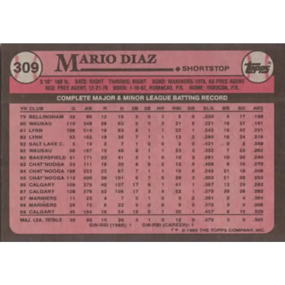 1989 Topps #309 Mario Diaz NM-MT Seattle Mariners Baseball Card - Baseball Card Single