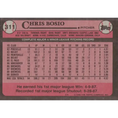 1989 Topps #311 Chris Bosio NM-MT Milwaukee Brewers Baseball Card