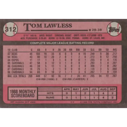 1989 Topps #312 Tom Lawless NM-MT St. Louis Cardinals Baseball Card