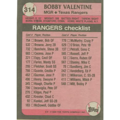 1989 Topps #314 Bobby Valentine MG NM-MT Texas Rangers Baseball Card