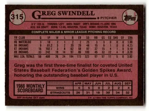 1989 Topps #315 Greg Swindell Cleveland Indians Baseball Cards EX/NM ID:59142