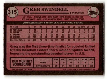 1989 Topps #315 Greg Swindell Cleveland Indians Baseball Cards EX/NM ID:59142