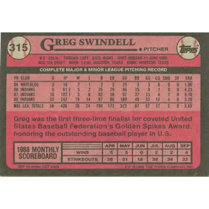 1989 Topps #315 Greg Swindell NM-MT Cleveland Indians Baseball Card