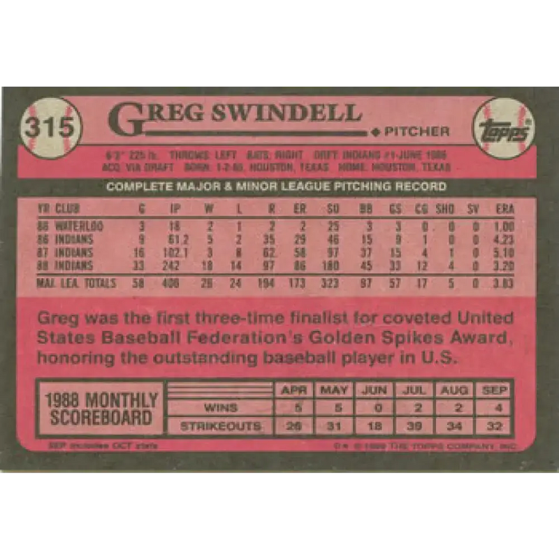 1989 Topps #315 Greg Swindell NM-MT Cleveland Indians Baseball Card - Baseball Card Single