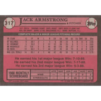 1989 Topps #317 Jack Armstrong NM-MT RC Rookie Cincinnati Reds Baseball Card