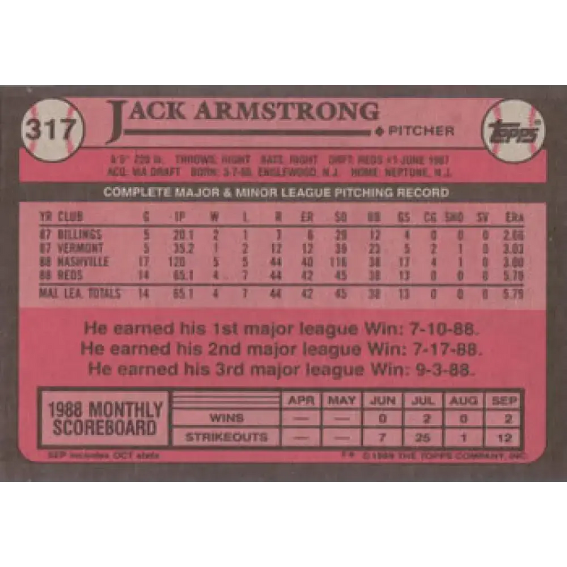 1989 Topps #317 Jack Armstrong NM-MT RC Rookie Cincinnati Reds Baseball Card - Baseball Card Single