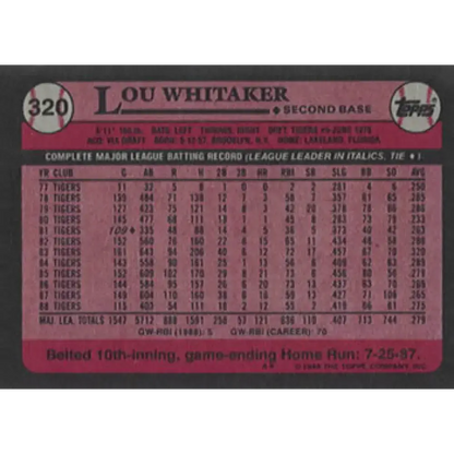 1989 Topps #320 Lou Whitaker NM-MT Detroit Tigers Baseball Card
