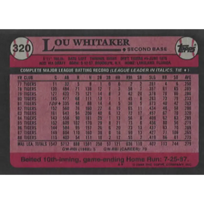 1989 Topps #320 Lou Whitaker NM-MT Detroit Tigers Baseball Card - Baseball Card Single