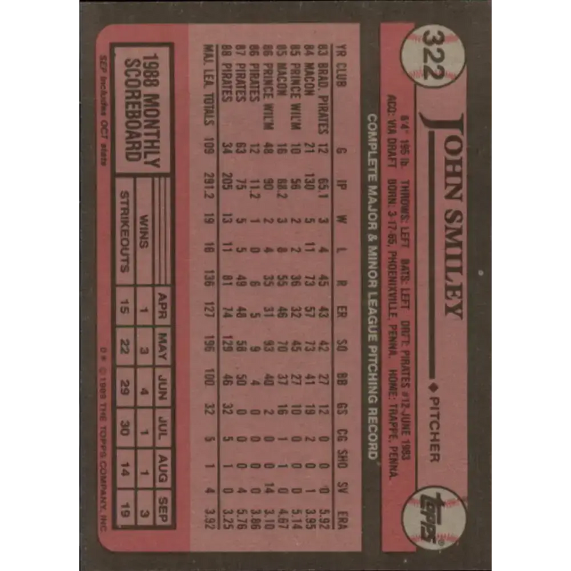 1989 Topps #322 John Smiley NM-MT Pittsburgh Pirates Baseball Card - Baseball Card Single