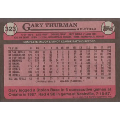 1989 Topps #323 Gary Thurman NM-MT Kansas City Royals Baseball Card