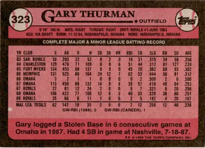 1989 Topps Gary Thurman baseball card back with original gloss from Royals ID 45922