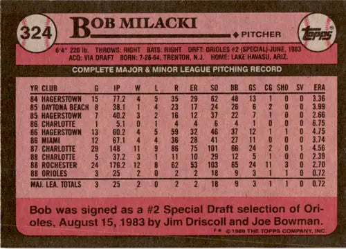 1989 Topps Bob Milacki baseball card original gloss mint rc rookie Orioles ID 45930