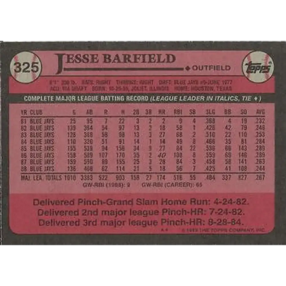 1989 Topps #325 Jesse Barfield NM-MT Toronto Blue Jays Baseball Card