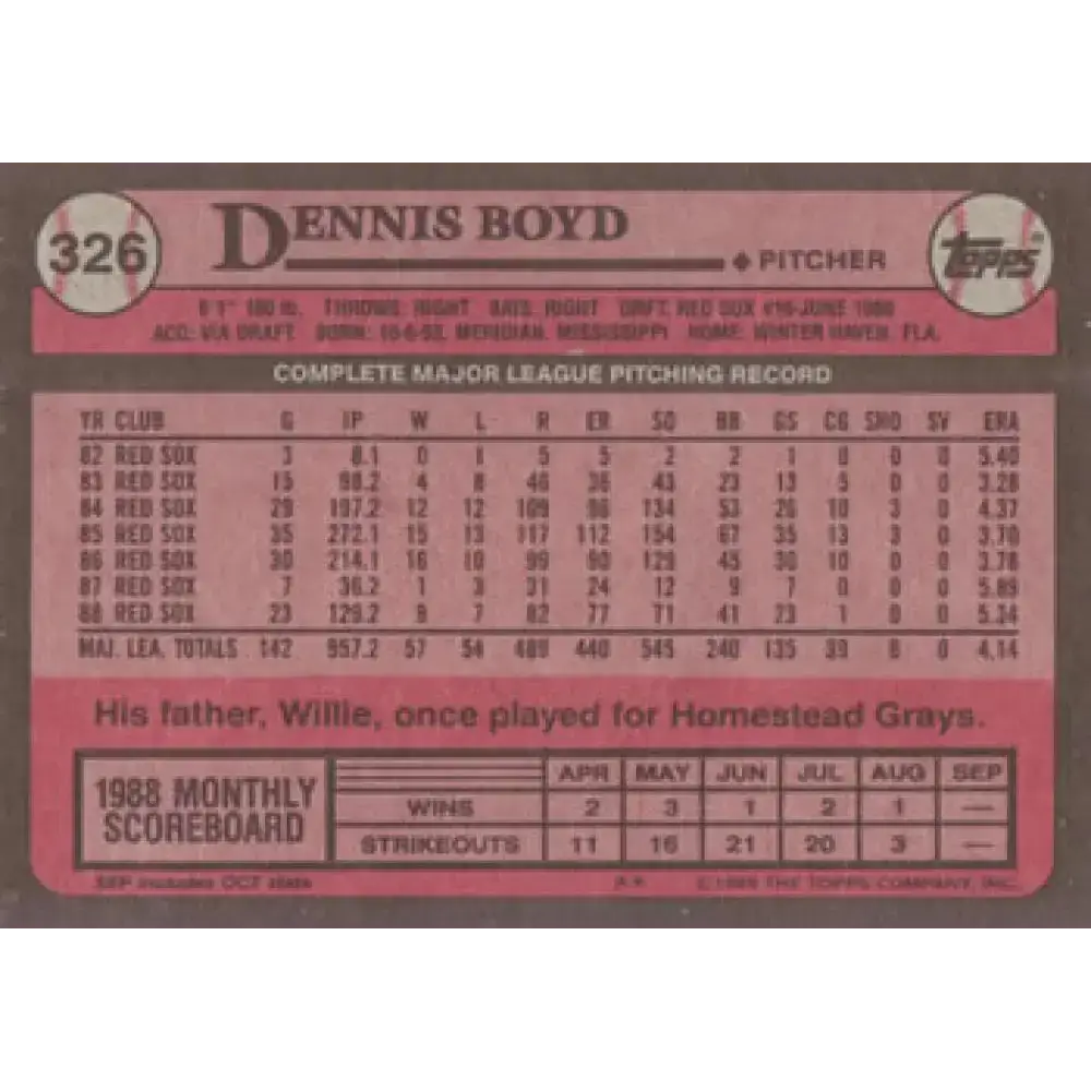 1989 Topps #326 Oil Can Boyd NM-MT Boston Red Sox Baseball Card - Baseball Card Single