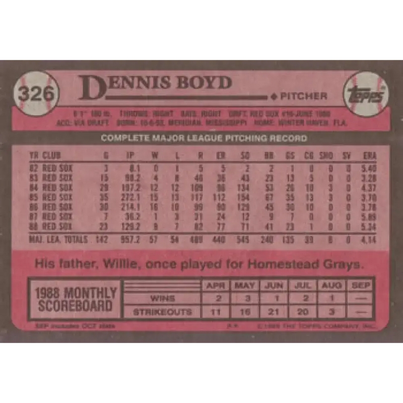 1989 Topps #326 Oil Can Boyd NM-MT Boston Red Sox Baseball Card - Baseball Card Single