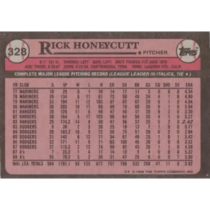 1989 Topps #328 Rick Honeycutt NM-MT Oakland Athletics Baseball Card