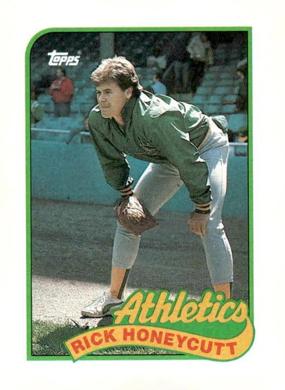 Vintage 1989 Topps Rick Honeycutt baseball card featuring Rick Honeycutt of the Athletics