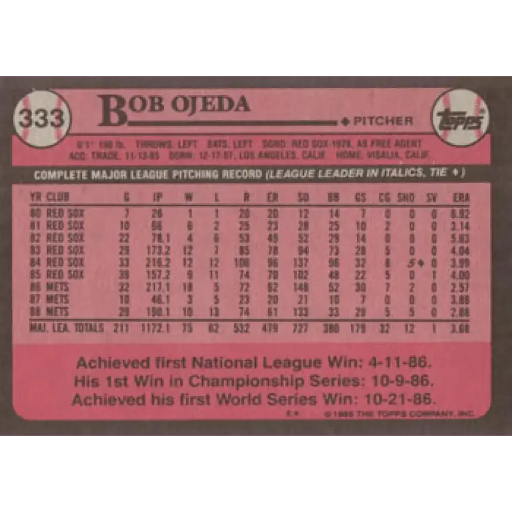 1989 Topps #333 Bob Ojeda NM-MT New York Mets Baseball Card - Baseball Card Single