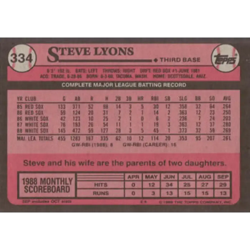 1989 Topps #334 Steve Lyons NM-MT Chicago White Sox Baseball Card - Baseball Card Single