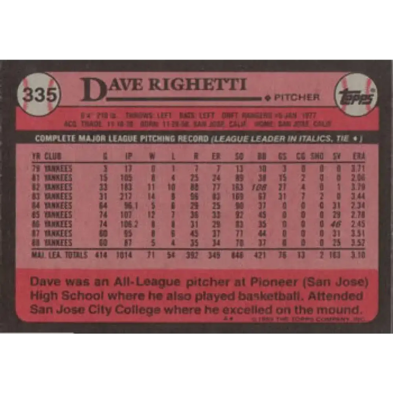 1989 Topps #335 Dave Righetti NM-MT New York Yankees Baseball Card - Baseball Card Single