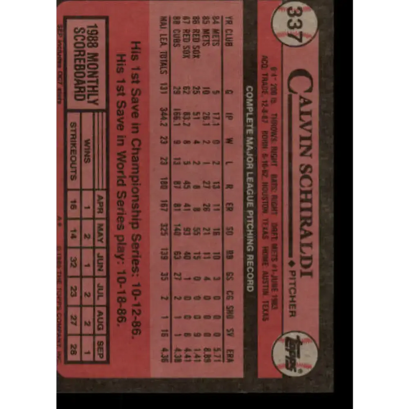 1989 Topps #337 Calvin Schiraldi NM-MT Chicago Cubs Baseball Card - Baseball Card Single