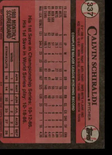 1989 Topps #337 Calvin Schiraldi NM-MT Cubs - Baseball Card Single