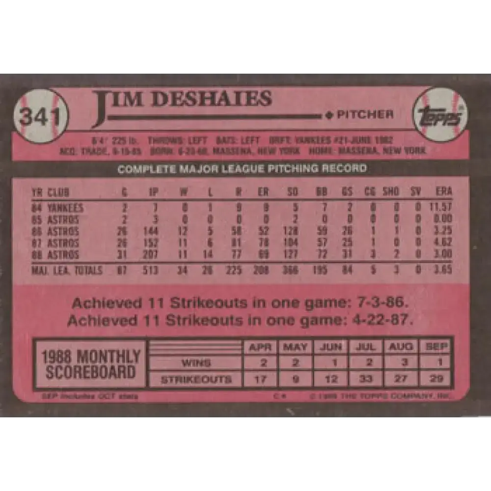 1989 Topps #341 Jim Deshaies NM-MT Houston Astros Baseball Card - Baseball Card Single