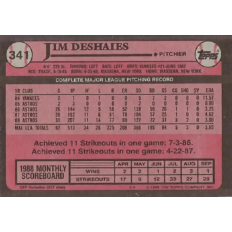 1989 Topps #341 Jim Deshaies NM-MT Houston Astros Baseball Card - Baseball Card Single