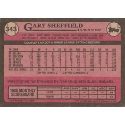 1989 Topps #343 Gary Sheffield FS NM-MT RC Rookie Milwaukee Brewers Baseball Card