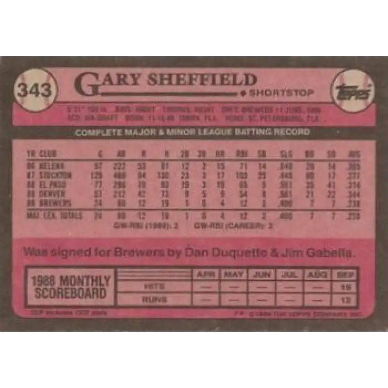 1989 Topps #343 Gary Sheffield FS NM-MT RC Rookie Milwaukee Brewers Baseball Card - Baseball Card Single