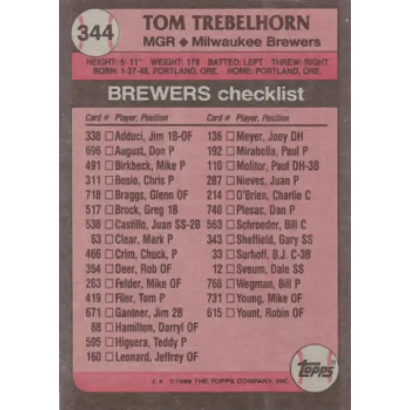 1989 Topps #344 Tom Trebelhorn MG NM-MT Milwaukee Brewers Baseball Card - Baseball Card Single