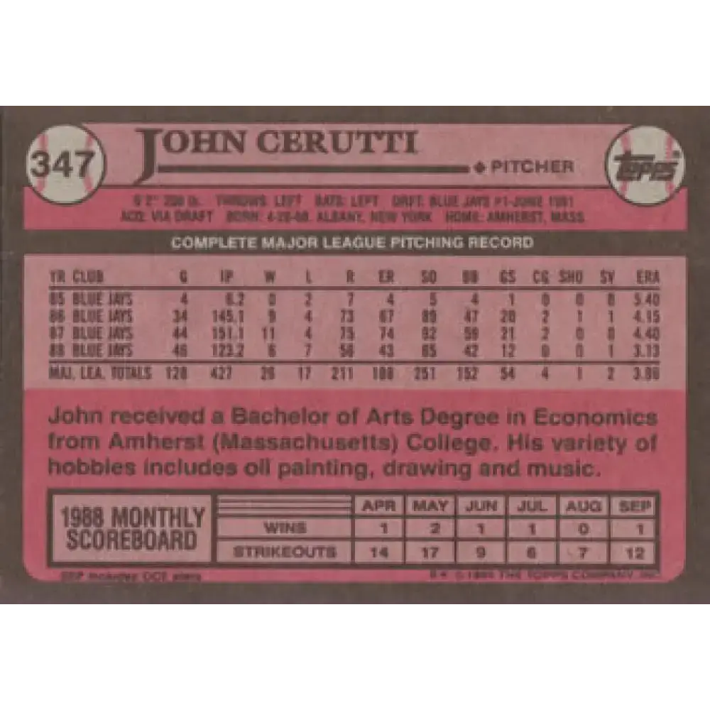 1989 Topps #347 John Cerutti NM-MT Toronto Blue Jays Baseball Card - Baseball Card Single