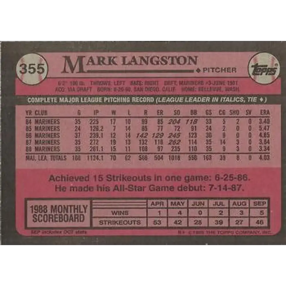 1989 Topps #355 Mark Langston NM-MT Seattle Mariners Baseball Card - Baseball Card Single