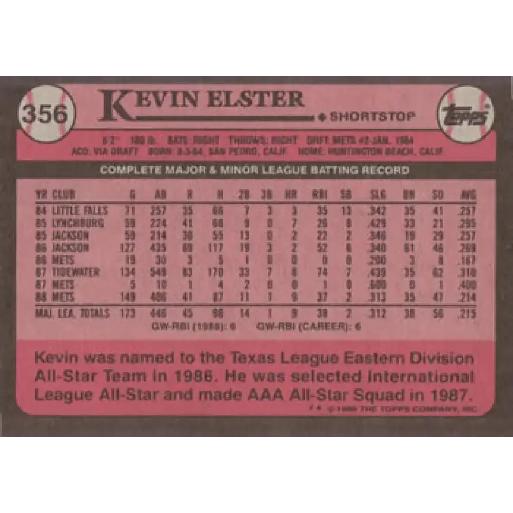 1989 Topps #356 Kevin Elster NM-MT New York Mets Baseball Card - Baseball Card Single