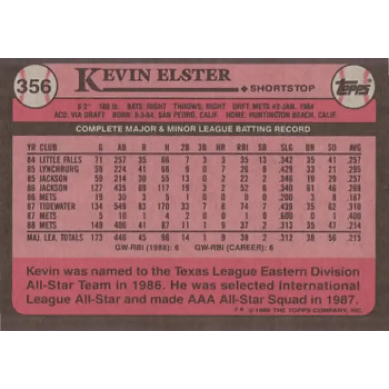 1989 Topps #356 Kevin Elster NM-MT New York Mets Baseball Card - Baseball Card Single