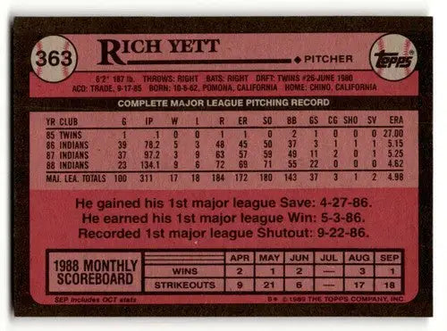 1989 Topps #363 Rich Yett Cleveland Indians Baseball Cards NM Near M ID:64643 - Baseball Card Single