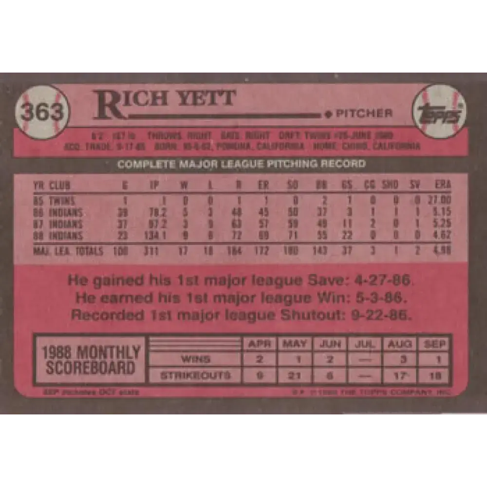 1989 Topps #363 Rich Yett NM-MT Cleveland Indians Baseball Card - Baseball Card Single